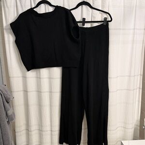 Nasty Gal Black Wide Leg Knit Pants with Matching Crop Top